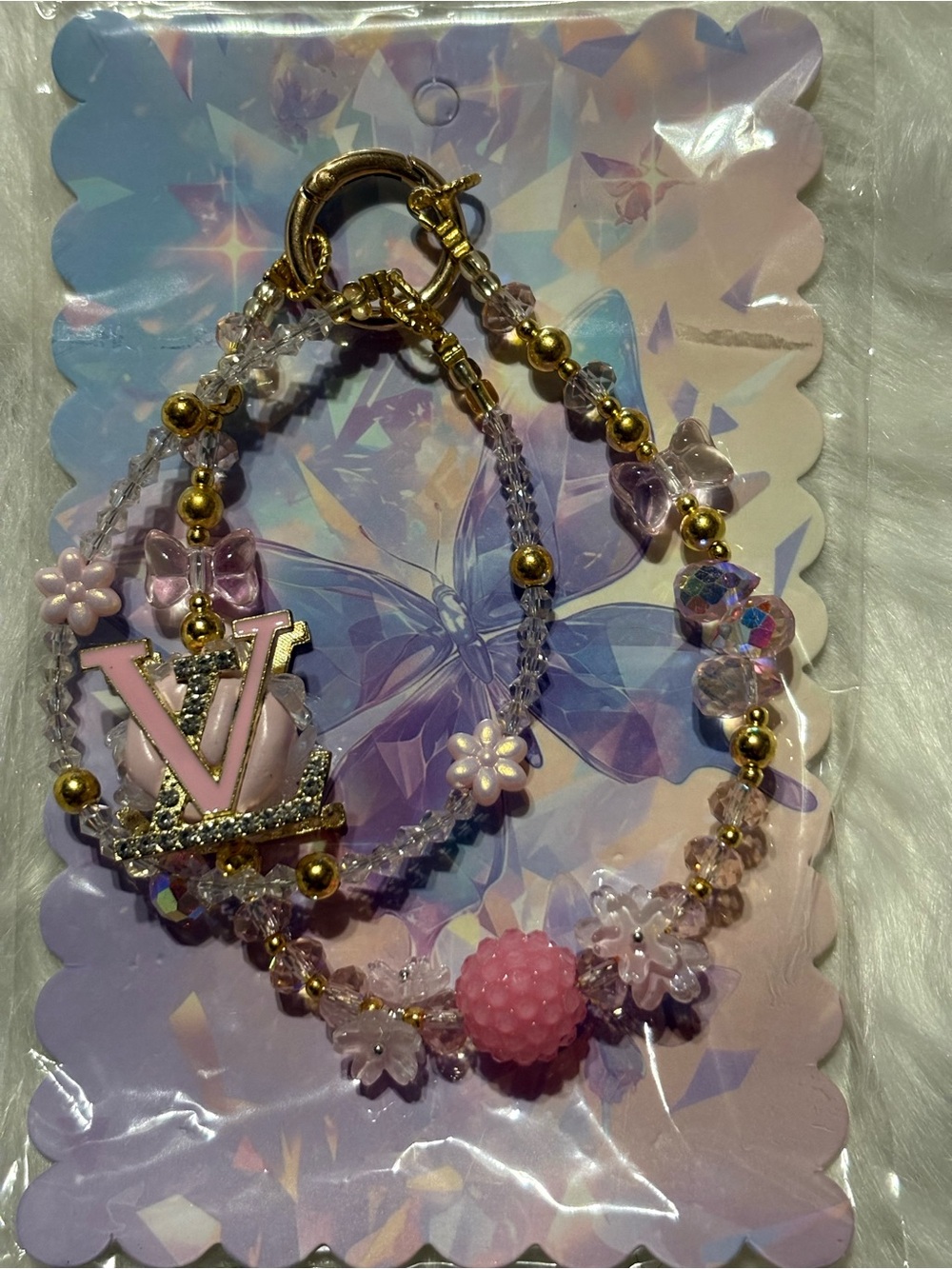 LV Pink Beaded Keychain/Purse/Phone Charm with Gold Accents
